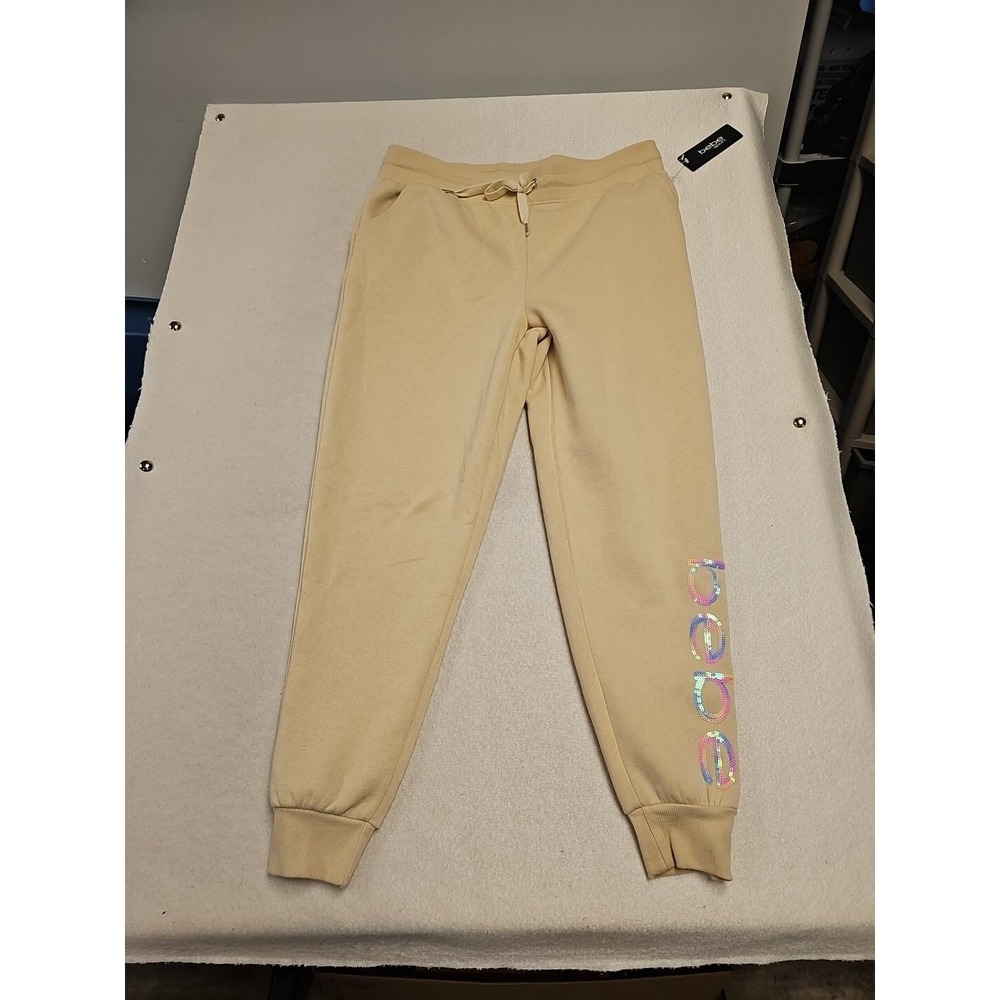 Bebe Sport Womens XL Tan Sequin Logo Jogger Sweatpants NWT Beige Fleece Pants